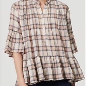 Ann Taylor LOFT Pink plaid Ruffle Peplum Bell Top